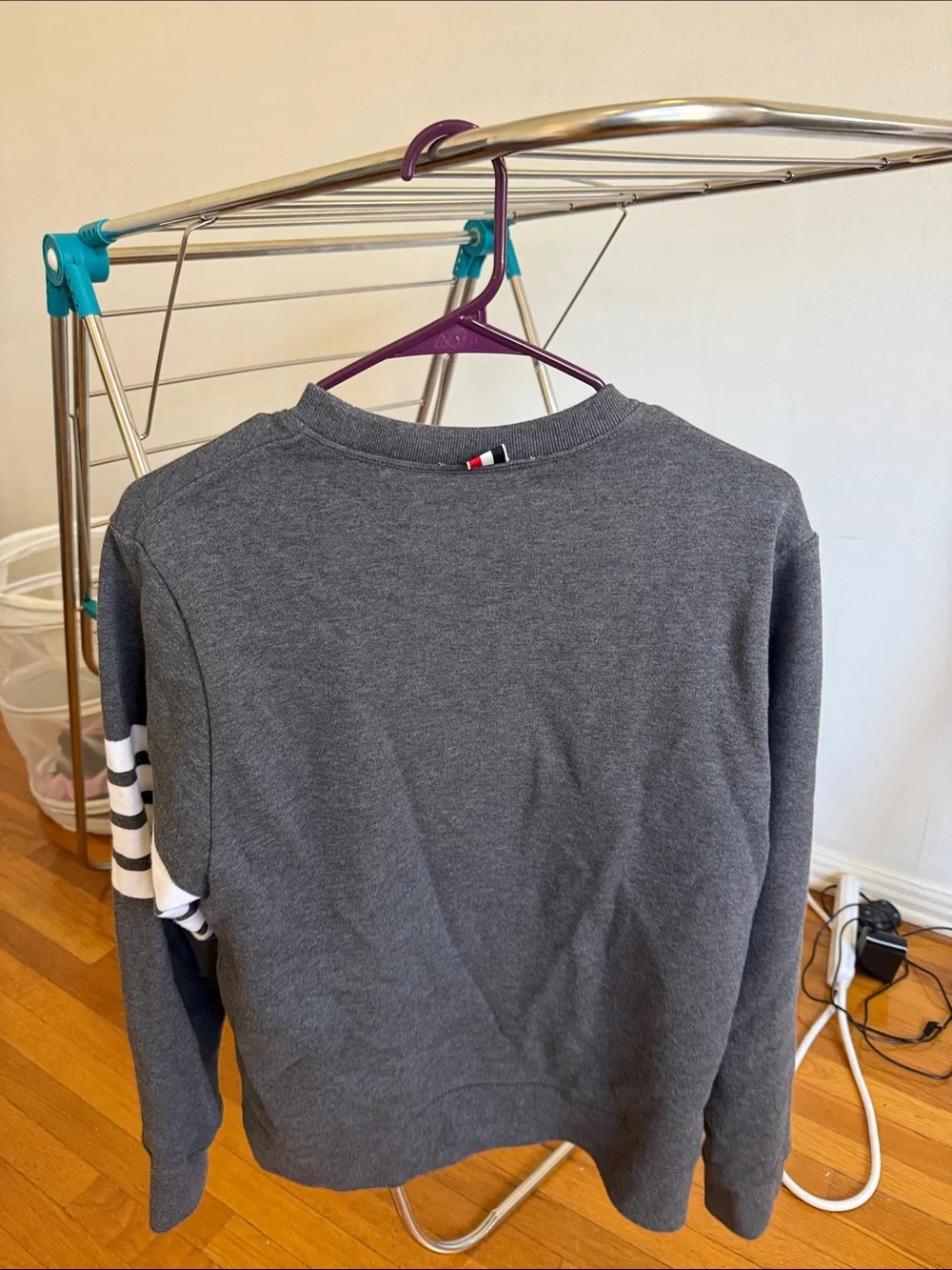Thom Browne Charcoal Gray Crewneck Sweatshirt with White Sleeve Stripes